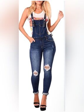 Women’s Dark Blue Distressed Denim Overalls with Adjustable Straps